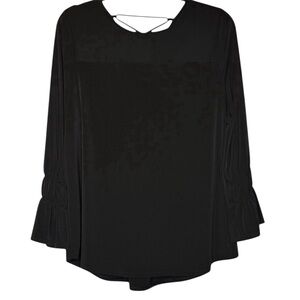 Chico's Blouse Black Crisscross Tie Back Size 1 Boho Flowy Ruched Bell Sleeves